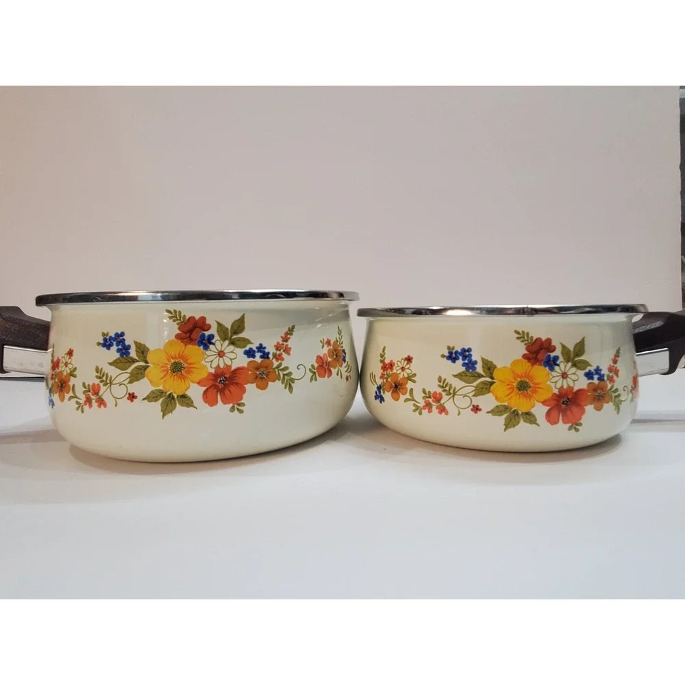Vintage Enamelware Pots JPM Sweet Flower 80s Made In Spain Excellent